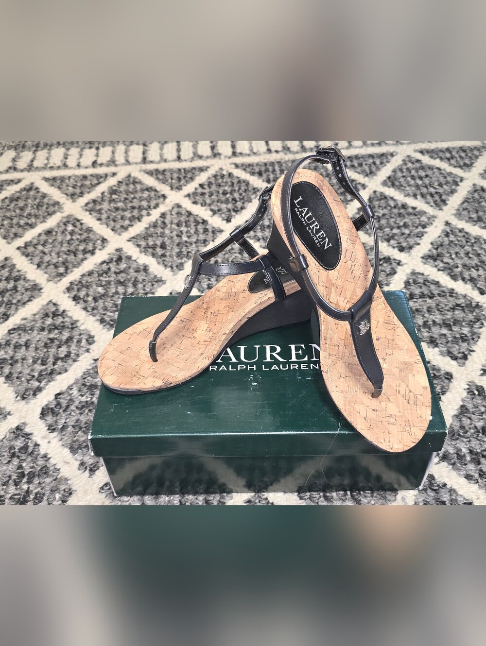 Lauren Ralph Lauren Black T-Strap Cork Wedge Sandals
